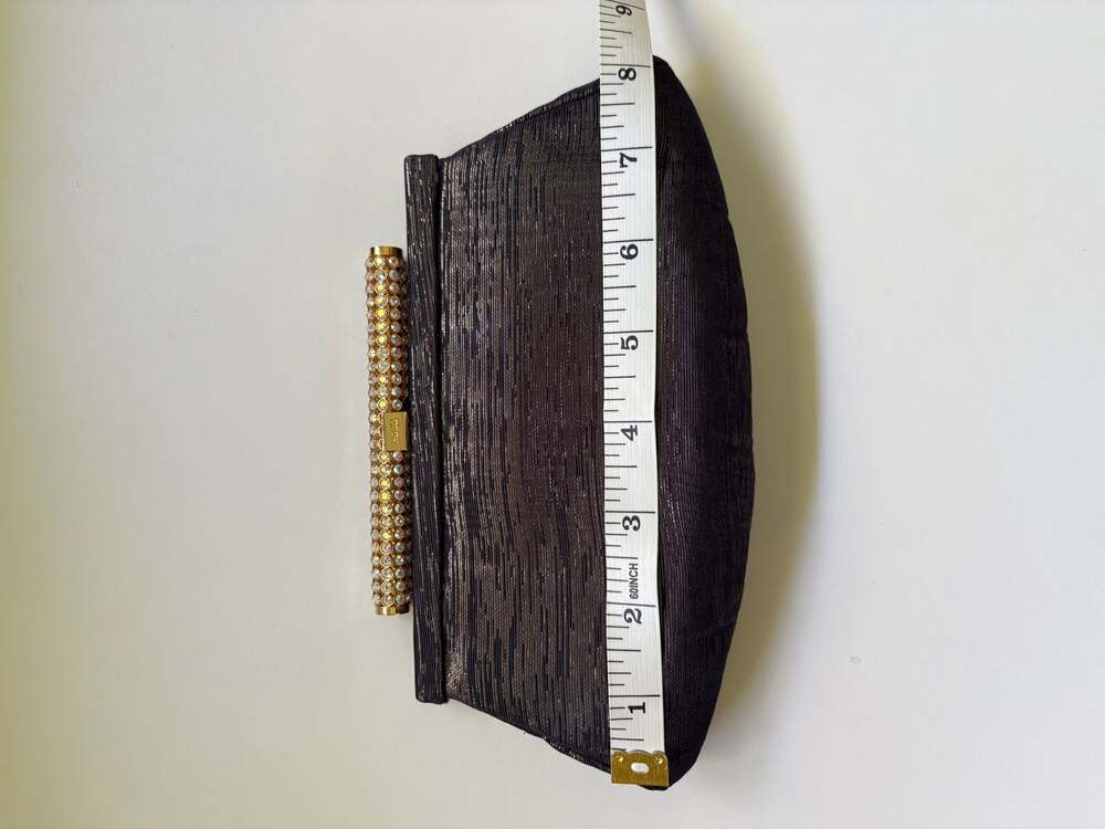 Vintage Rodo Italy Black Metallic Clutch with Jeweled Crystal Clasp and Chain - Picture 4 of 12